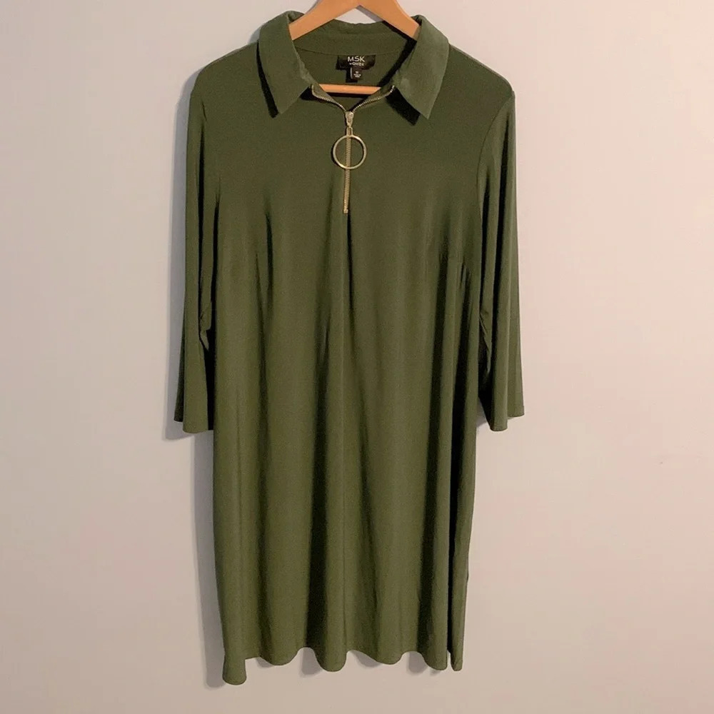 MSK women size 1x quart zip army green mini dress 3/4 sleeve circle zipper hook